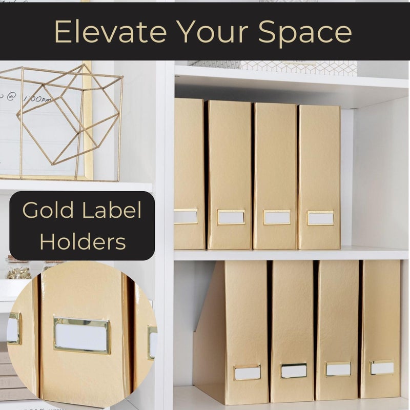 BLU MONACO | Gold Cardboard Magazine File Holder Set of 4 | Vertical Magazine File Holder for Shelves | Standing File Holder Desk Organizer - Image 3